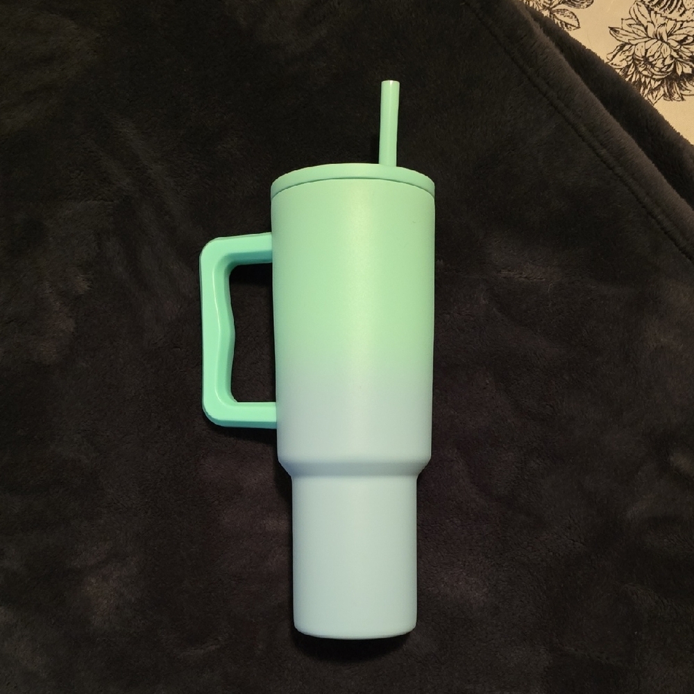 Aqua Travel Tumbler with Handle and Straw